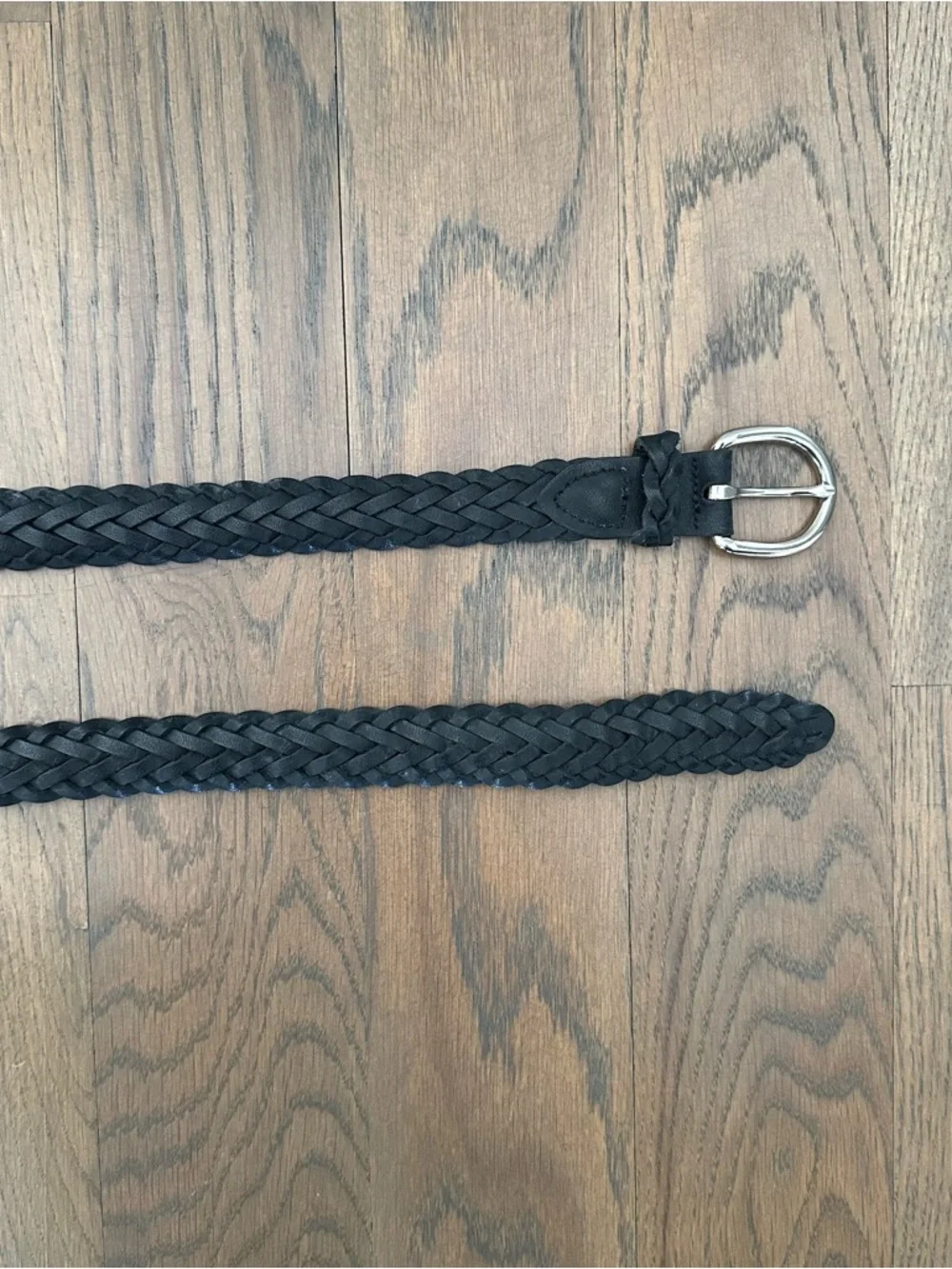 Vintage Western Braided Leather Belt Rounded Buckle in Black, Silver Size M/L